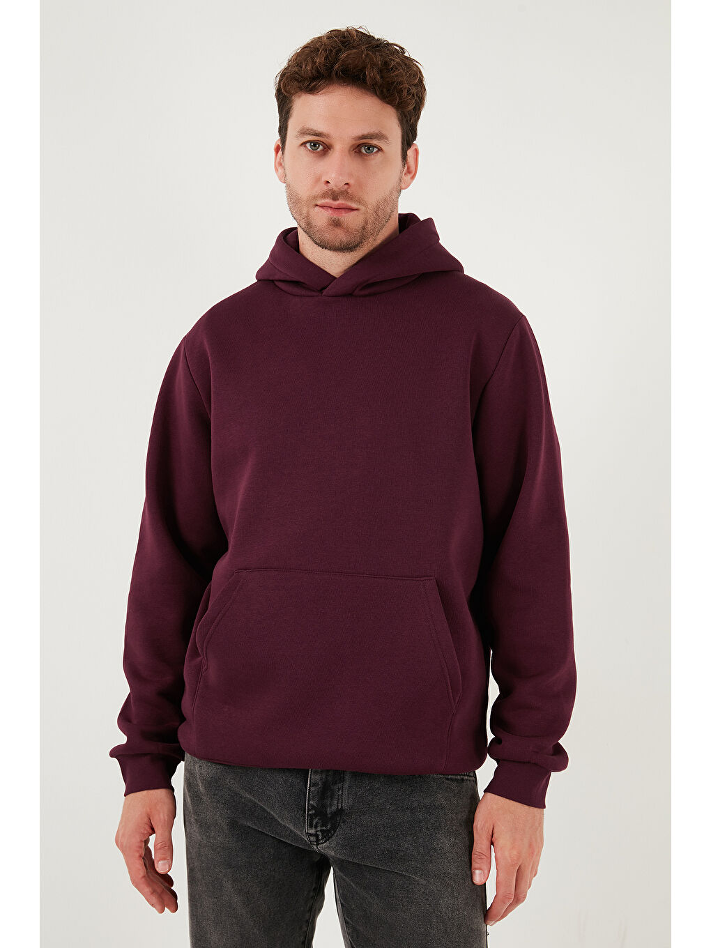 Mürdüm Slim Fit Kapüşonlu Kanguru Cepli İçi Tüylü Yumuşak Şardonlu Erkek Sweat 5905281-2