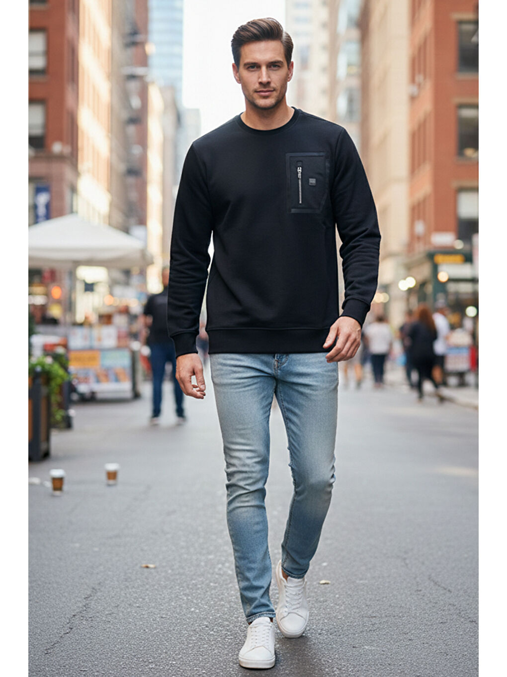 Erkek Fermuar Detay Bisiklet Yaka Pamuklu Sweatshirt 24722 Siyah-1