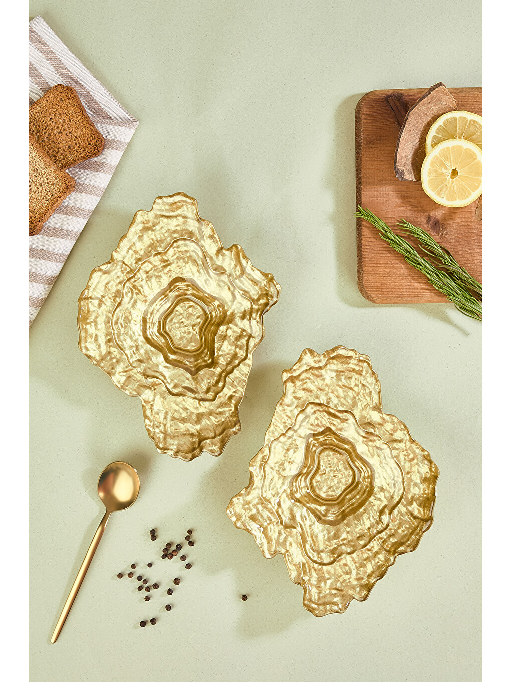 Sarı Ostra 2 Parça Gold Kabuk Formlu Cam Meze Servis Tabağı Seti - 2 Adet-1