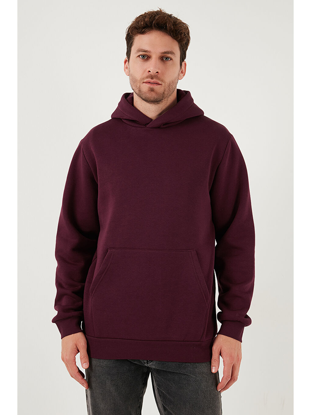 Mürdüm Slim Fit Kapüşonlu Kanguru Cepli İçi Tüylü Yumuşak Şardonlu Erkek Sweat 5905281-3