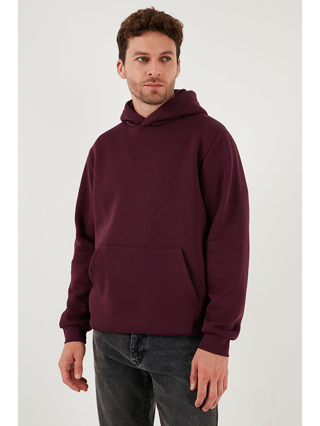 Mürdüm Slim Fit Kapüşonlu Kanguru Cepli İçi Tüylü Yumuşak Şardonlu Erkek Sweat 5905281-4