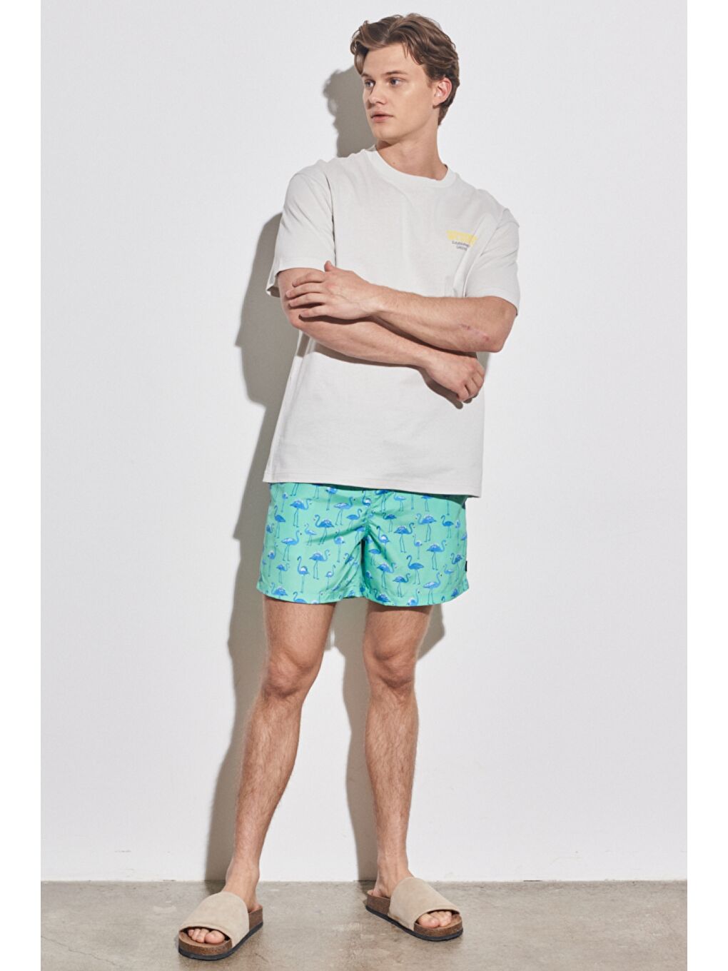 Bej Loose Fit Rahat Kesim %100 Pamuk Bisiklet Yaka Ekru Tişört-2