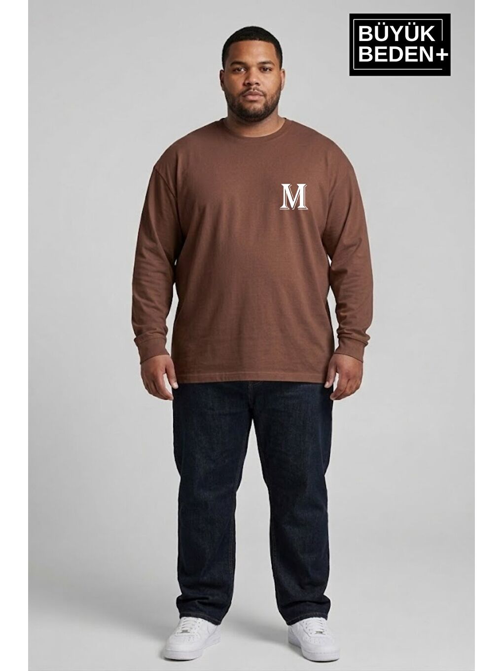 Kahverengi Erkek Büyük Beden M Baskılı 2 İplik Bisiklet Yaka Tişört SPR26BTS942-13