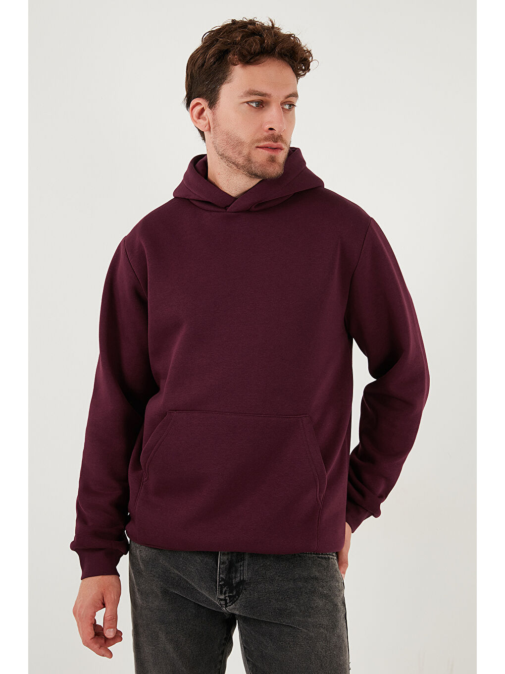 Mürdüm Slim Fit Kapüşonlu Kanguru Cepli İçi Tüylü Yumuşak Şardonlu Erkek Sweat 5905281-5