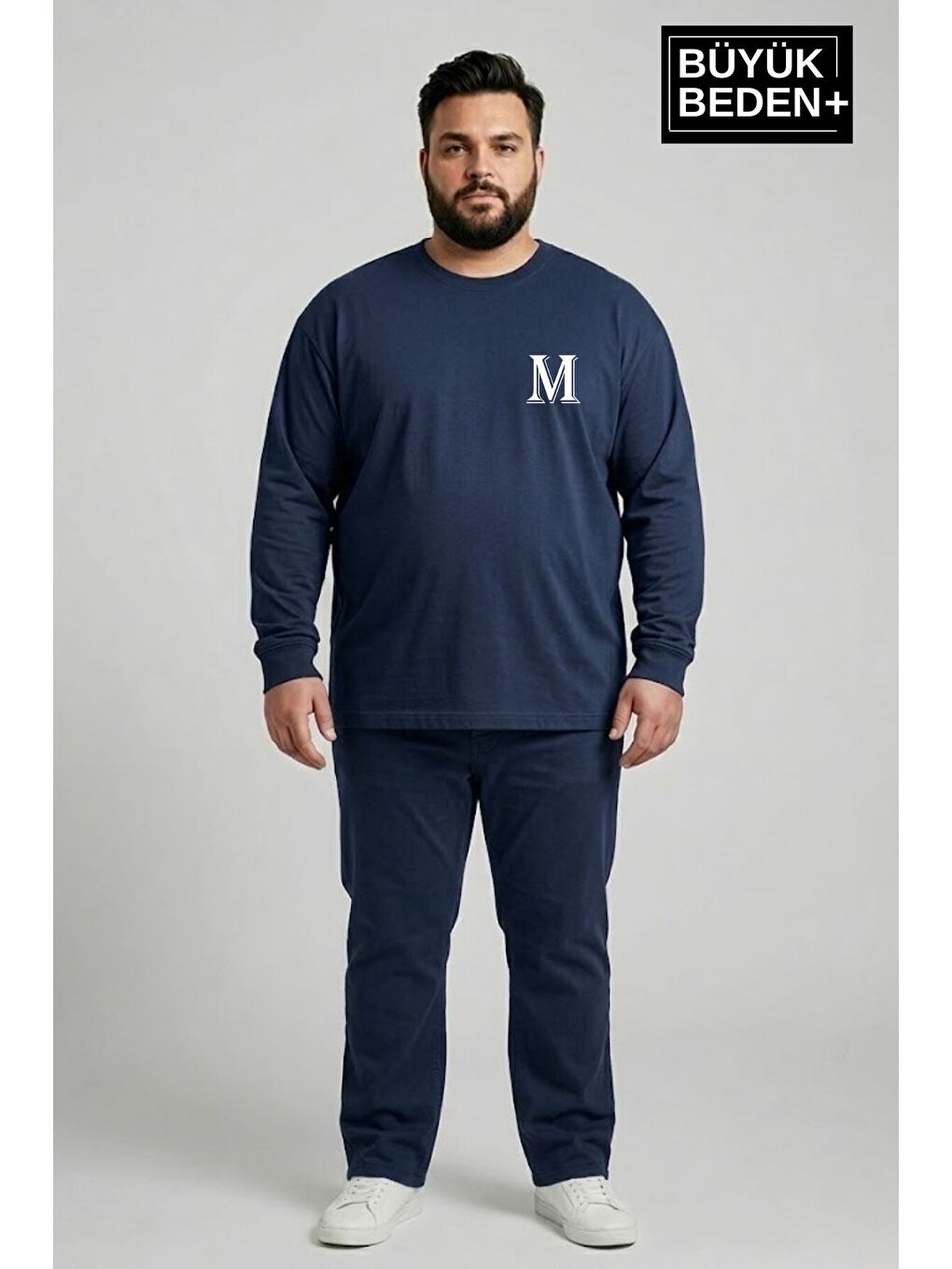 Lacivert Erkek Büyük Beden M Baskılı 2 İplik Bisiklet Yaka Tişört SPR26BTS942-13