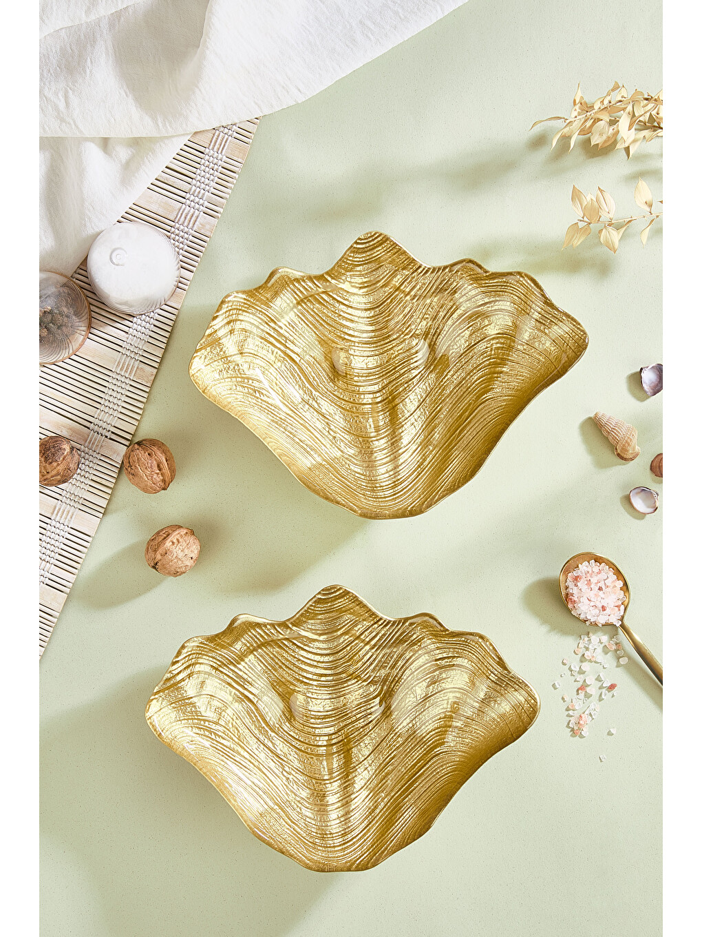 Sarı Scalla 2 Parça Gold İnci Yelpaze Cam Meze Servis Tabağı Seti - 2 Adet-1