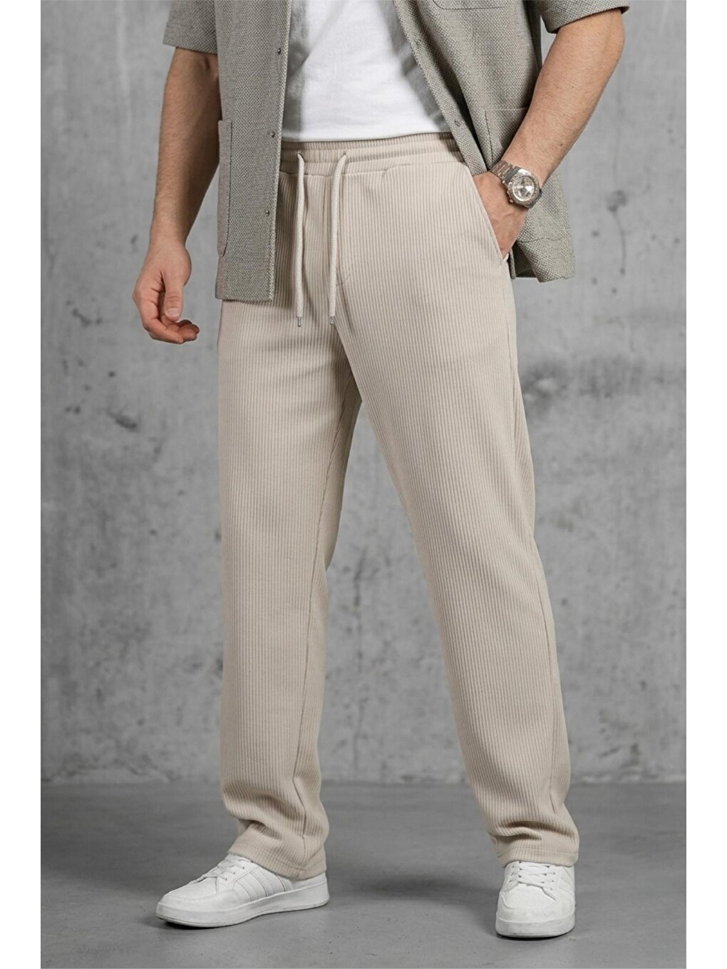 Bej Hel 9030 Beli Lastikli Ve Bağcıklı Elastanlı Esnek Örme Jogger Pantolon