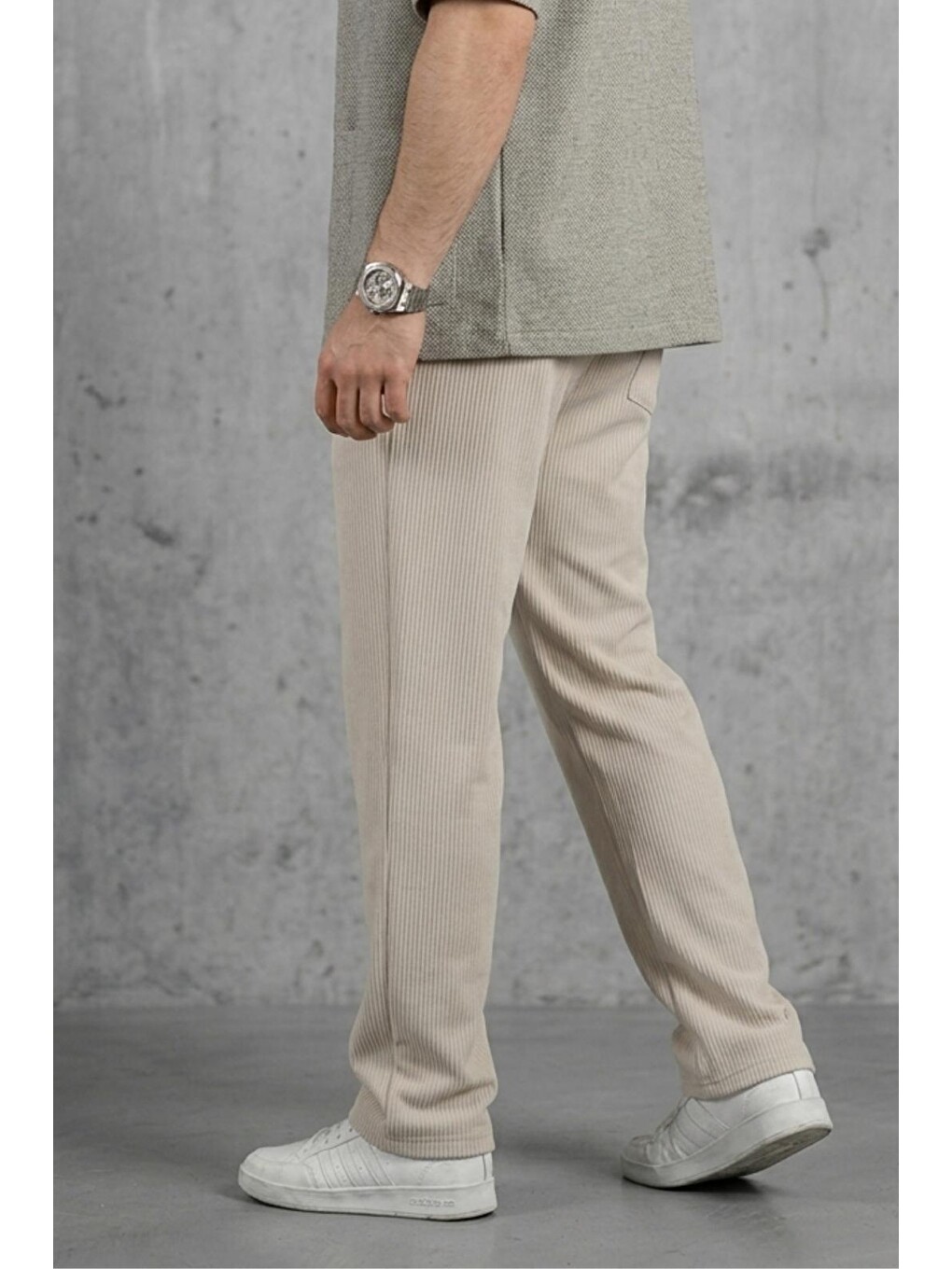 Bej Hel 9030 Beli Lastikli Ve Bağcıklı Elastanlı Esnek Örme Jogger Pantolon-1