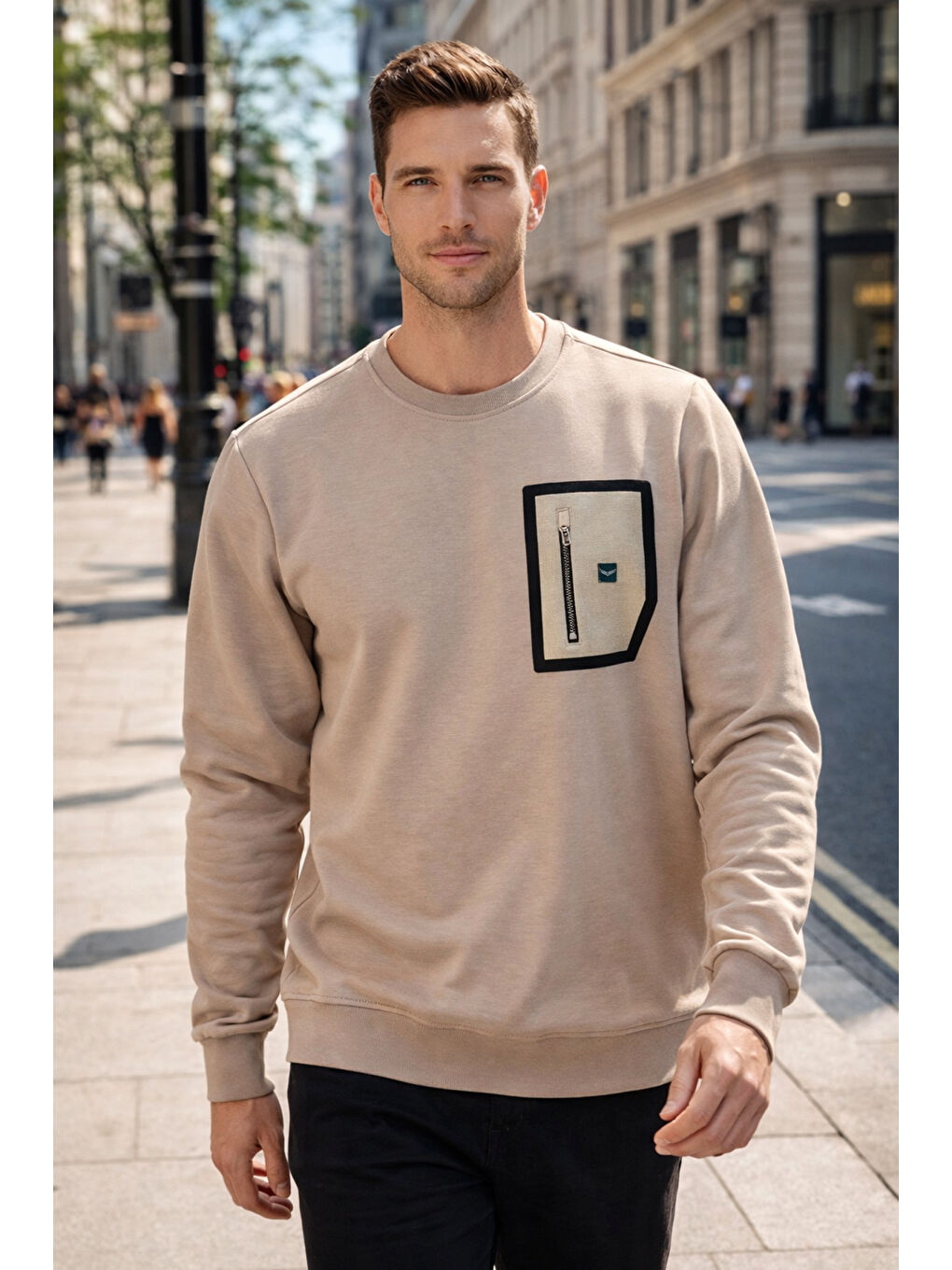Erkek Fermuar Detay Bisiklet Yaka Pamuklu Sweatshirt 24722 Bej-2