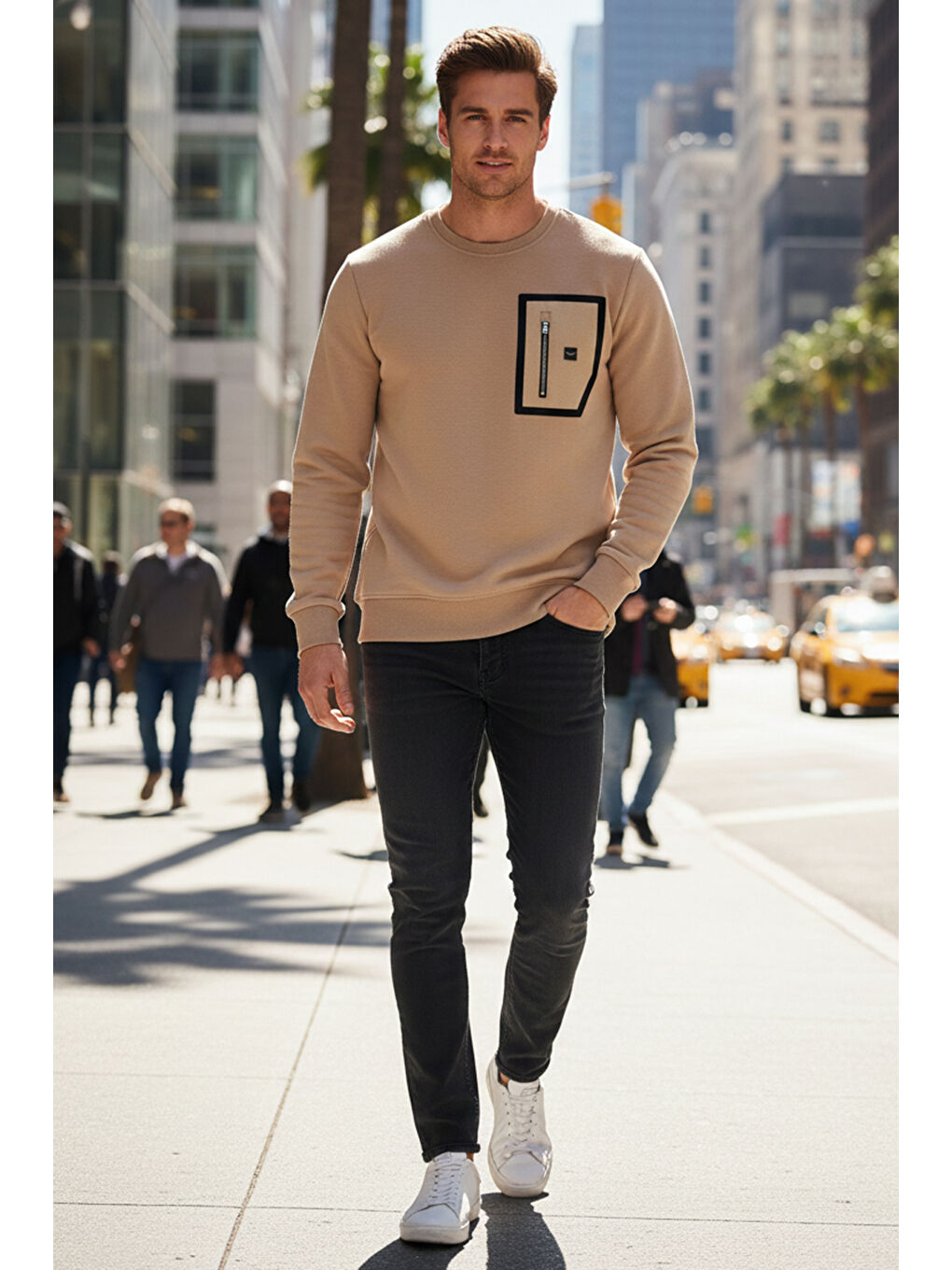 Erkek Fermuar Detay Bisiklet Yaka Pamuklu Sweatshirt 24722 Bej-3