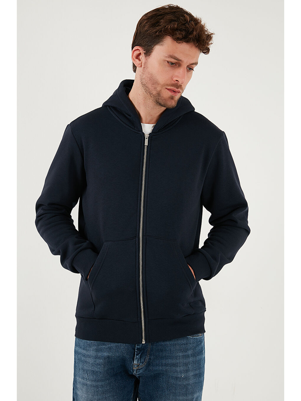 Lacivert Slim Fit Kapüşonlu Fermuarlı İçi Tüylü Yumuşak Şardonlu Kışlık Erkek Sweat 5905340-4