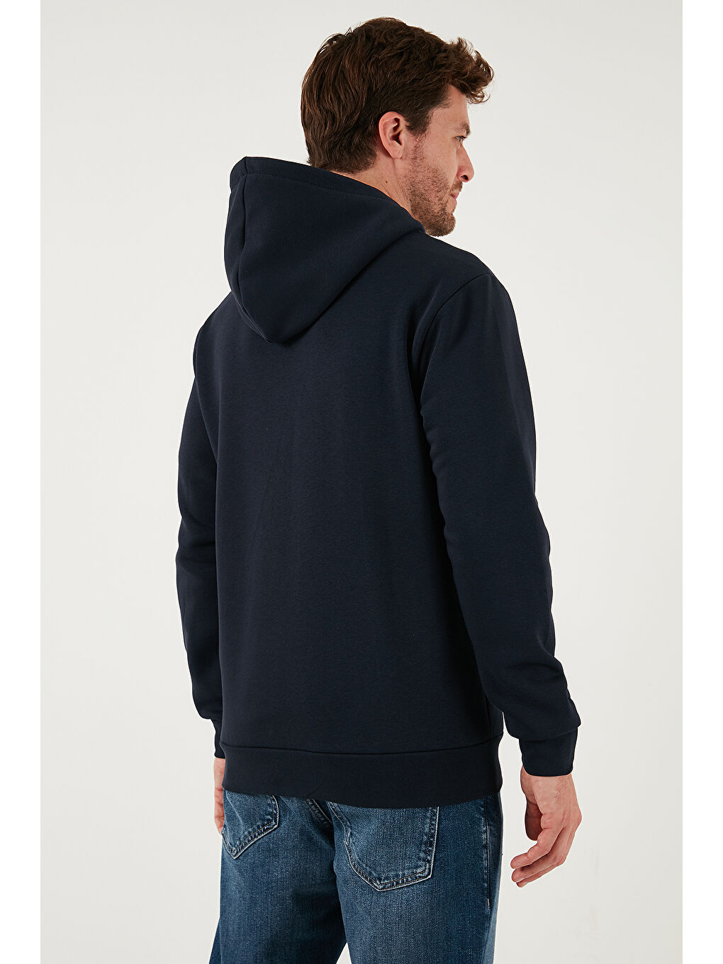 Lacivert Slim Fit Kapüşonlu Fermuarlı İçi Tüylü Yumuşak Şardonlu Kışlık Erkek Sweat 5905340-5