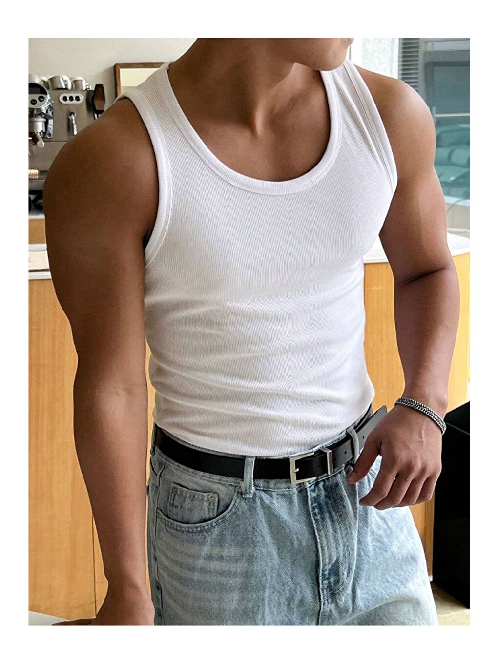 Beyaz Erkek Fitilli Kolsuz Tişört Kolsuz Tişört