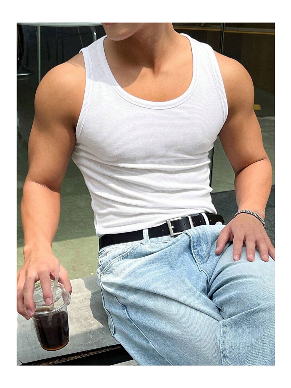 Beyaz Erkek Fitilli Kolsuz Tişört Kolsuz Tişört-2