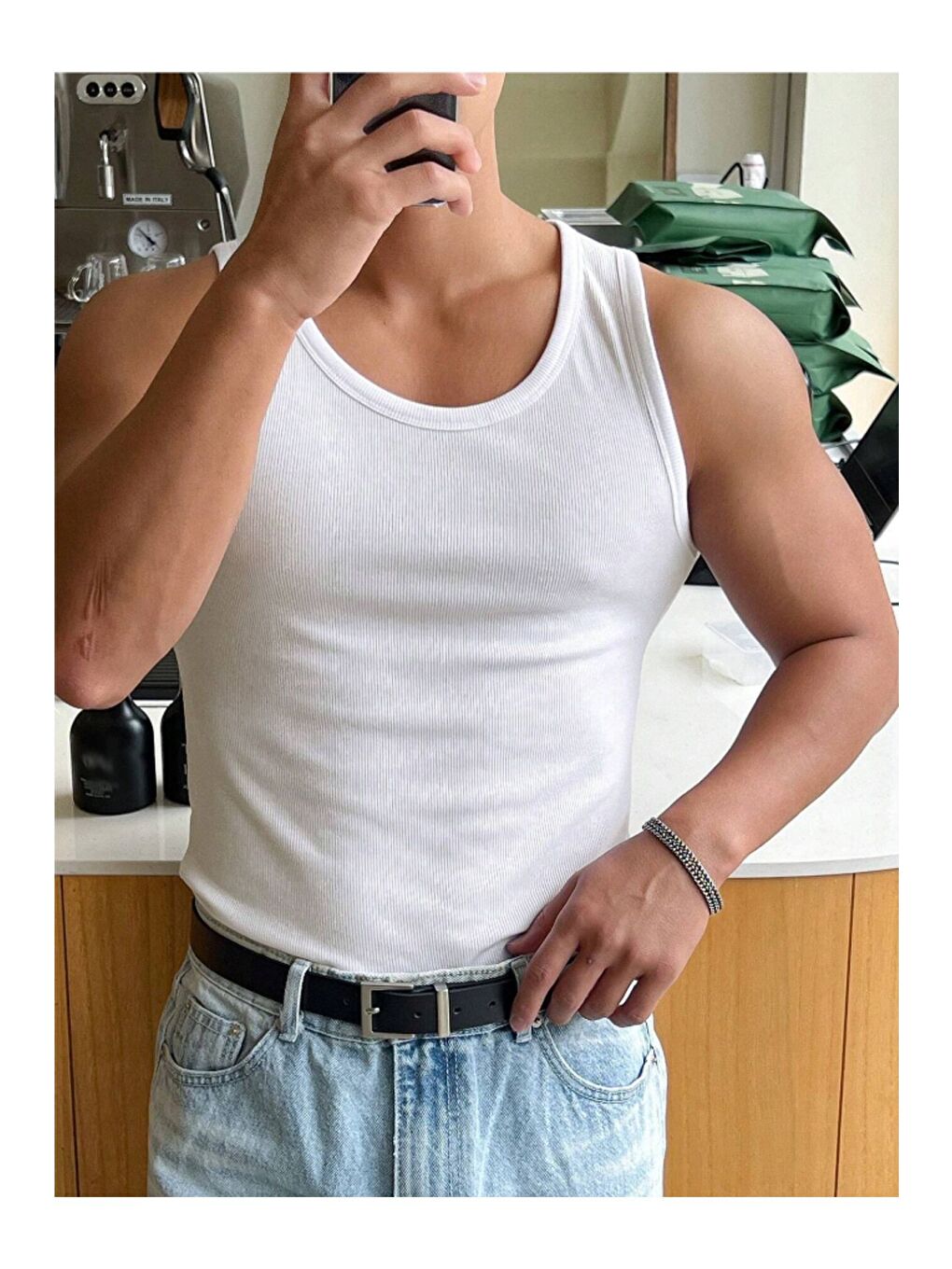 Beyaz Erkek Fitilli Kolsuz Tişört Kolsuz Tişört-4