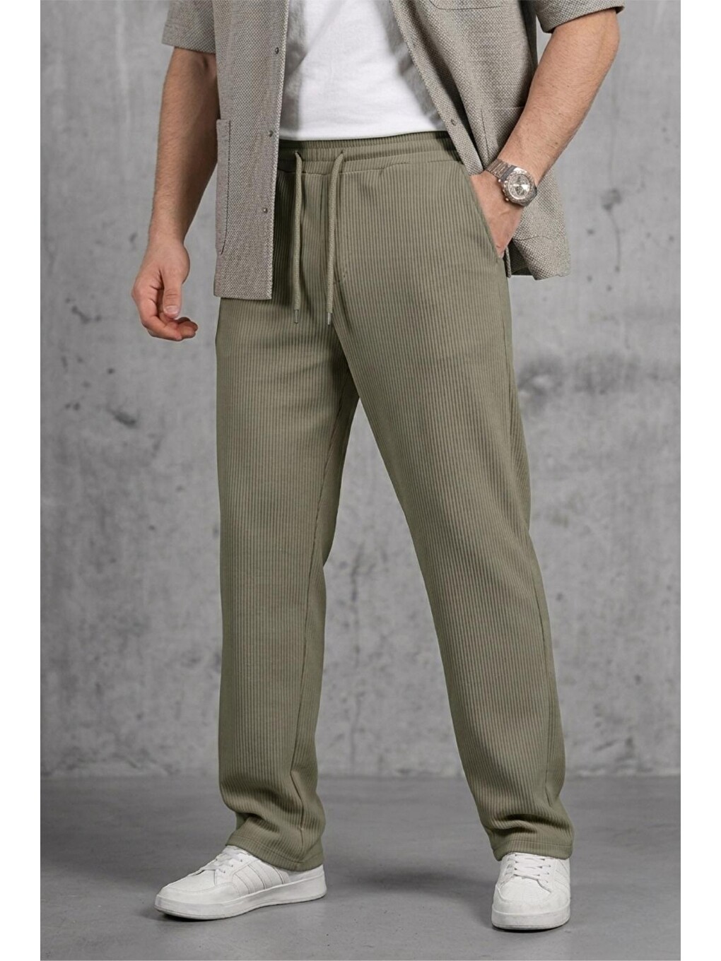 Haki Hel 9030 Beli Lastikli Ve Bağcıklı Elastanlı Esnek Örme Jogger Pantolon