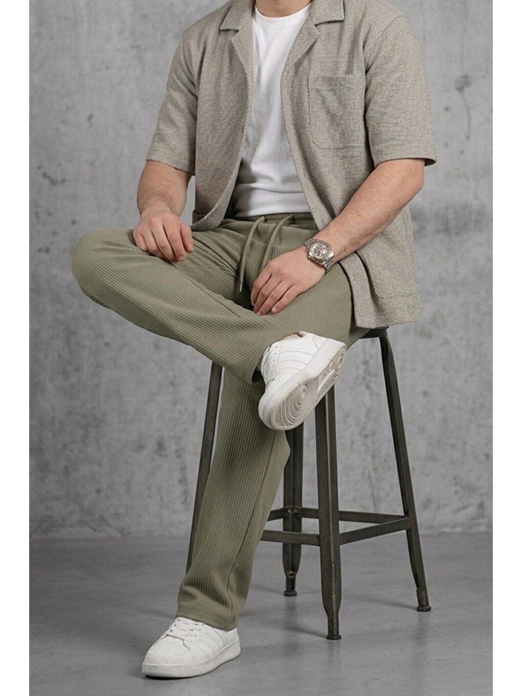Haki Hel 9030 Beli Lastikli Ve Bağcıklı Elastanlı Esnek Örme Jogger Pantolon-2