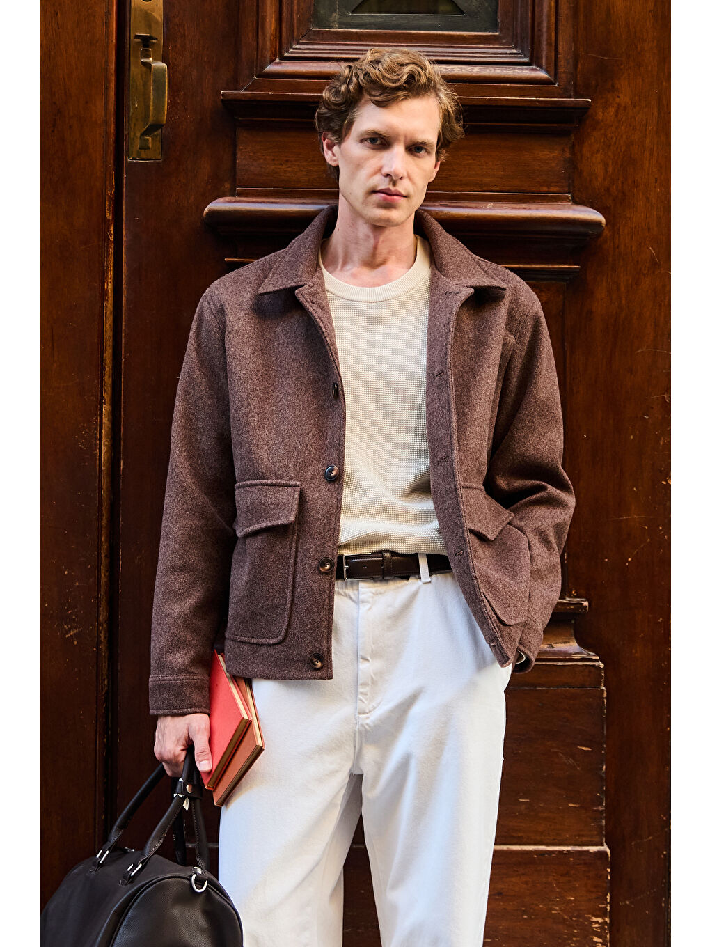 Erkek Gömlek Yaka Düğmeli Kaşe Mont Ceket Kahverengi-1