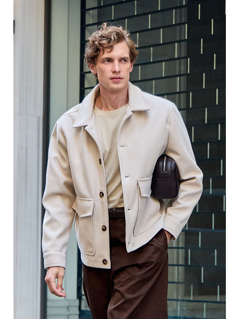 Erkek Gömlek Yaka Düğmeli Kaşe Mont Ceket Ekru