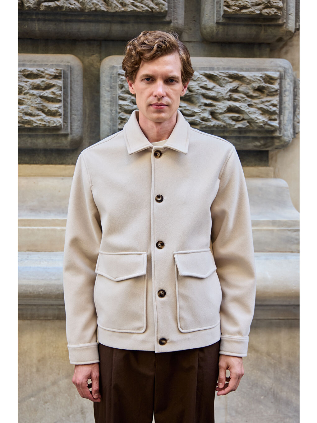 Erkek Gömlek Yaka Düğmeli Kaşe Mont Ceket Ekru-1