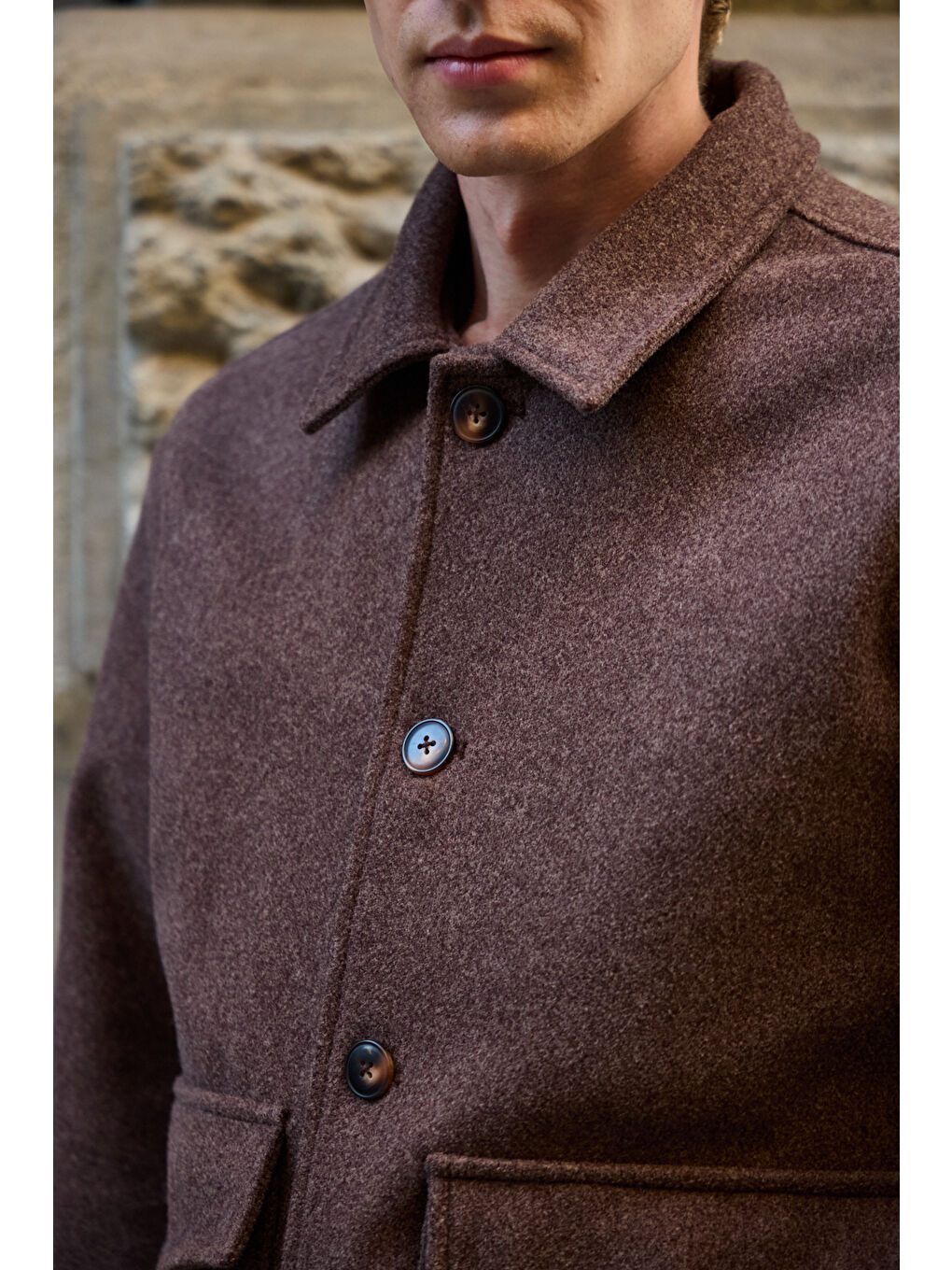Erkek Gömlek Yaka Düğmeli Kaşe Mont Ceket Kahverengi-2