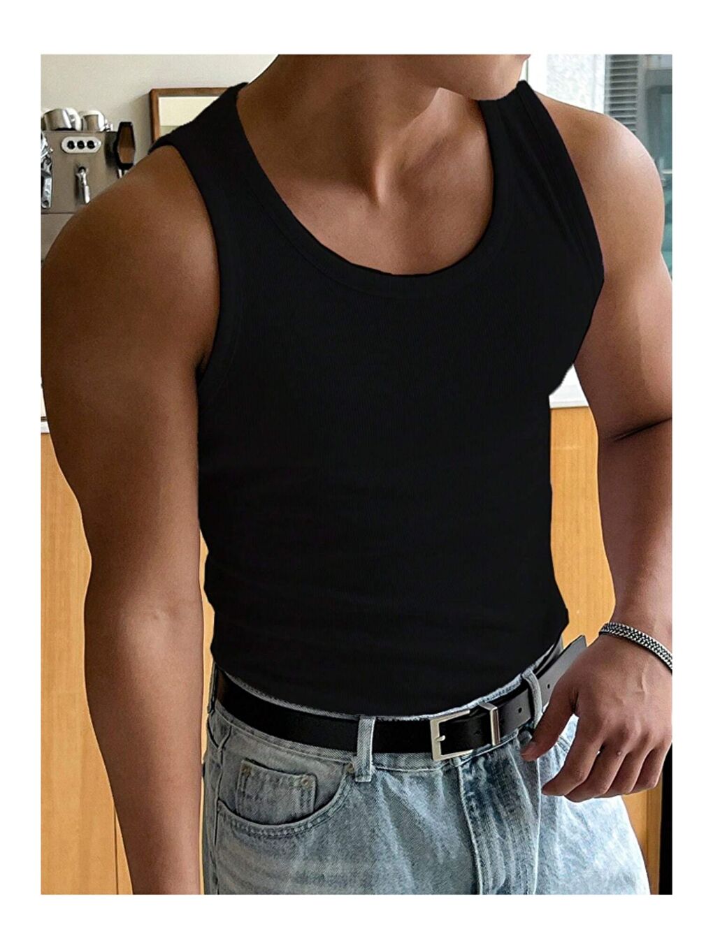 Siyah Erkek Fitilli Kolsuz Tişört Atlet