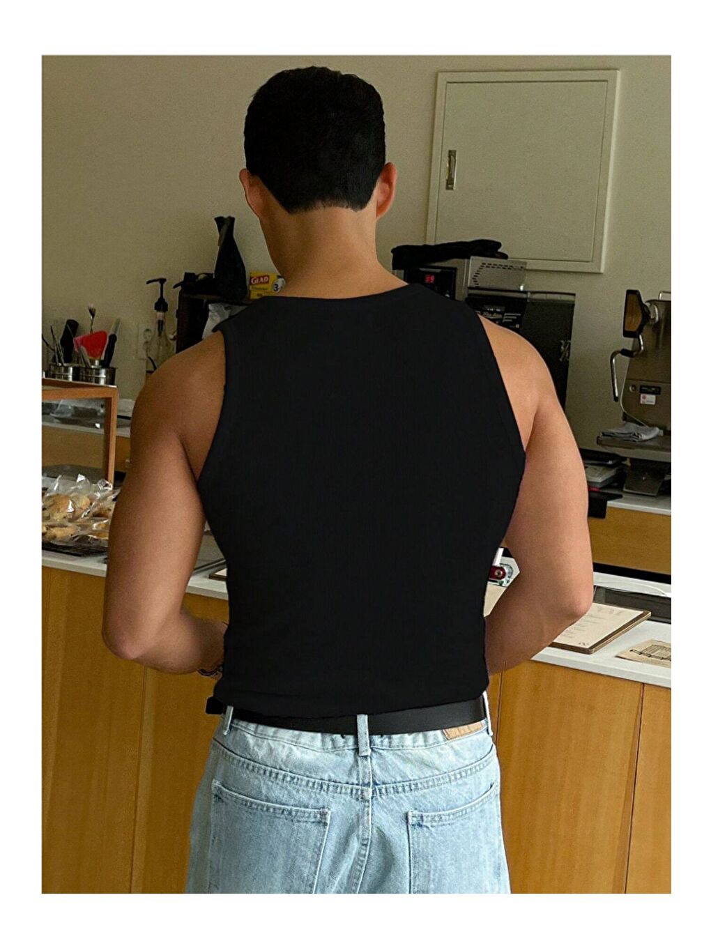 Siyah Erkek Fitilli Kolsuz Tişört Atlet-1