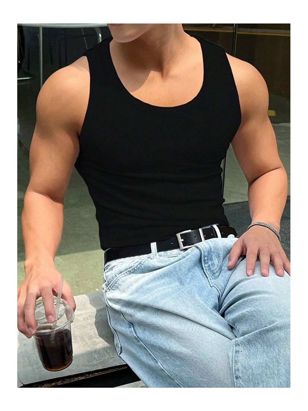 Siyah Erkek Fitilli Kolsuz Tişört Atlet-2