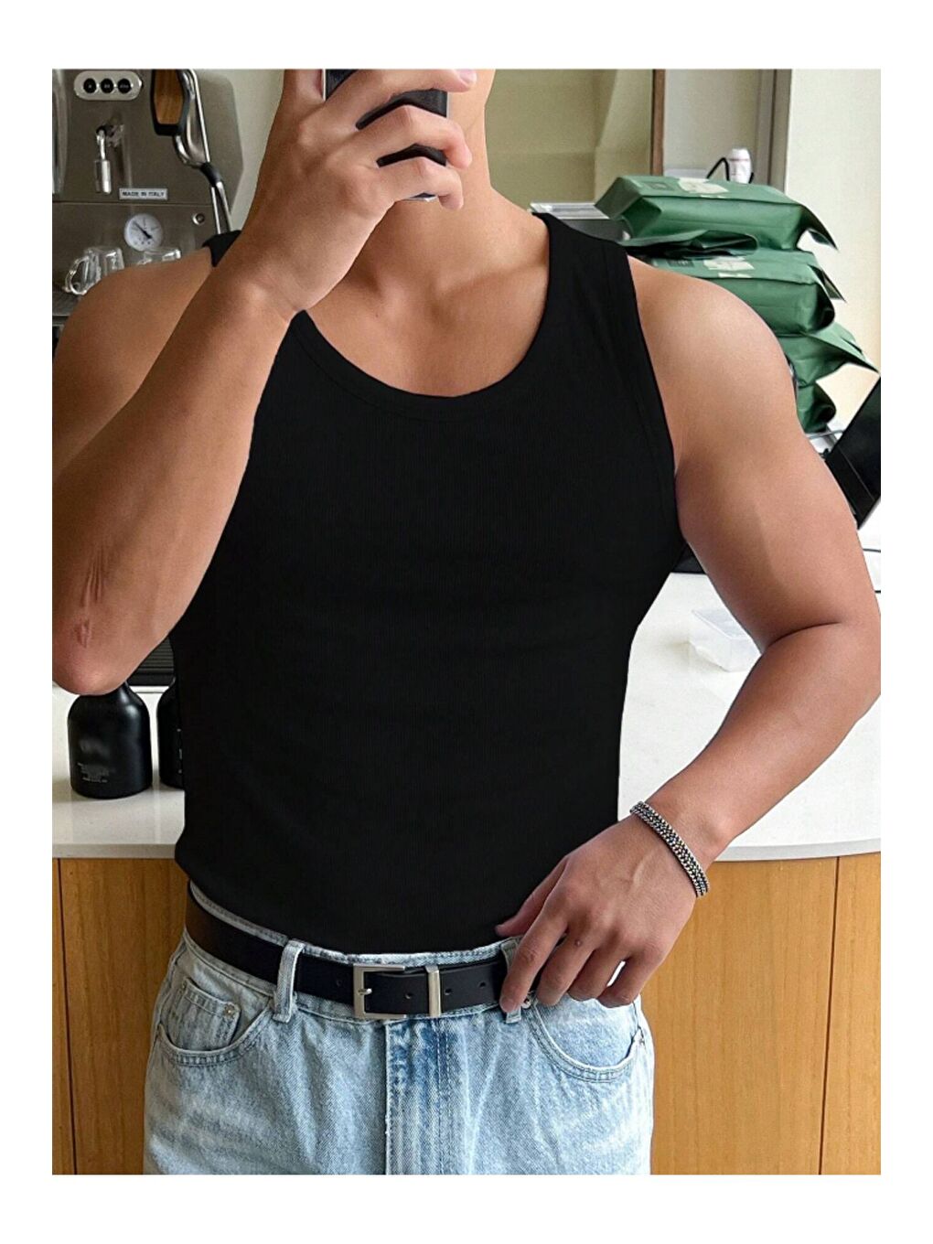 Siyah Erkek Fitilli Kolsuz Tişört Atlet-3