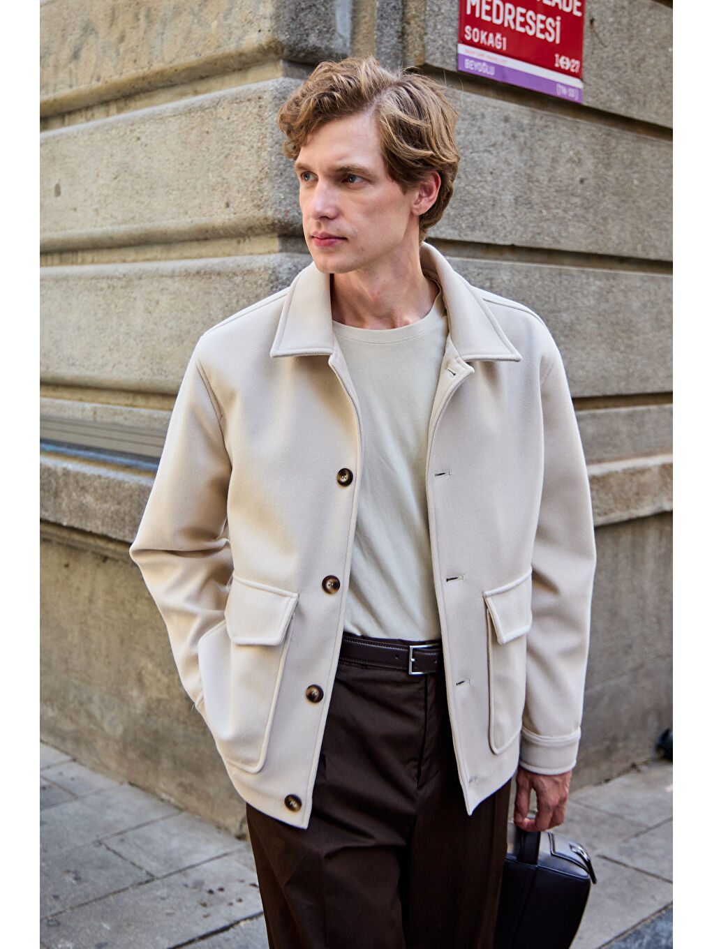 Erkek Gömlek Yaka Düğmeli Kaşe Mont Ceket Ekru-2