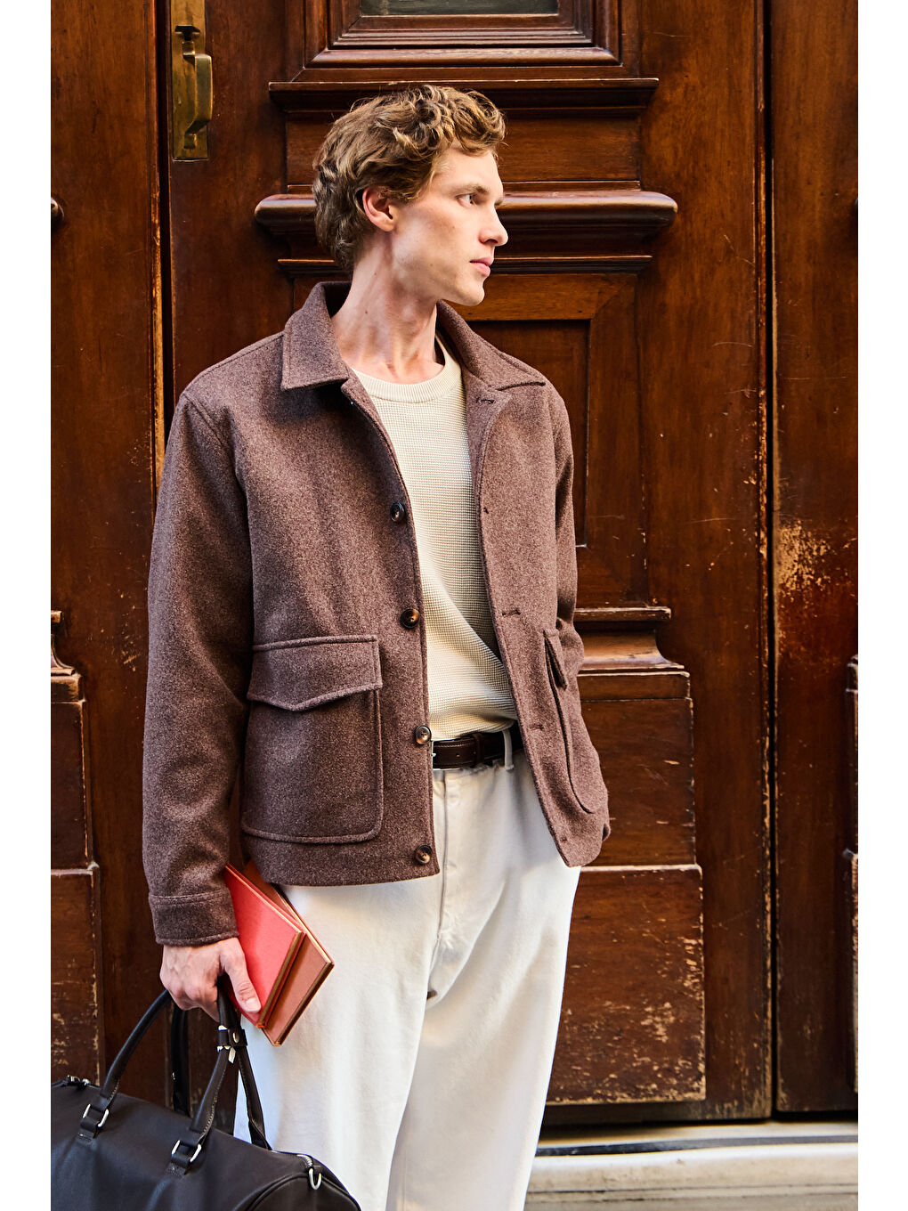 Erkek Gömlek Yaka Düğmeli Kaşe Mont Ceket Kahverengi-3