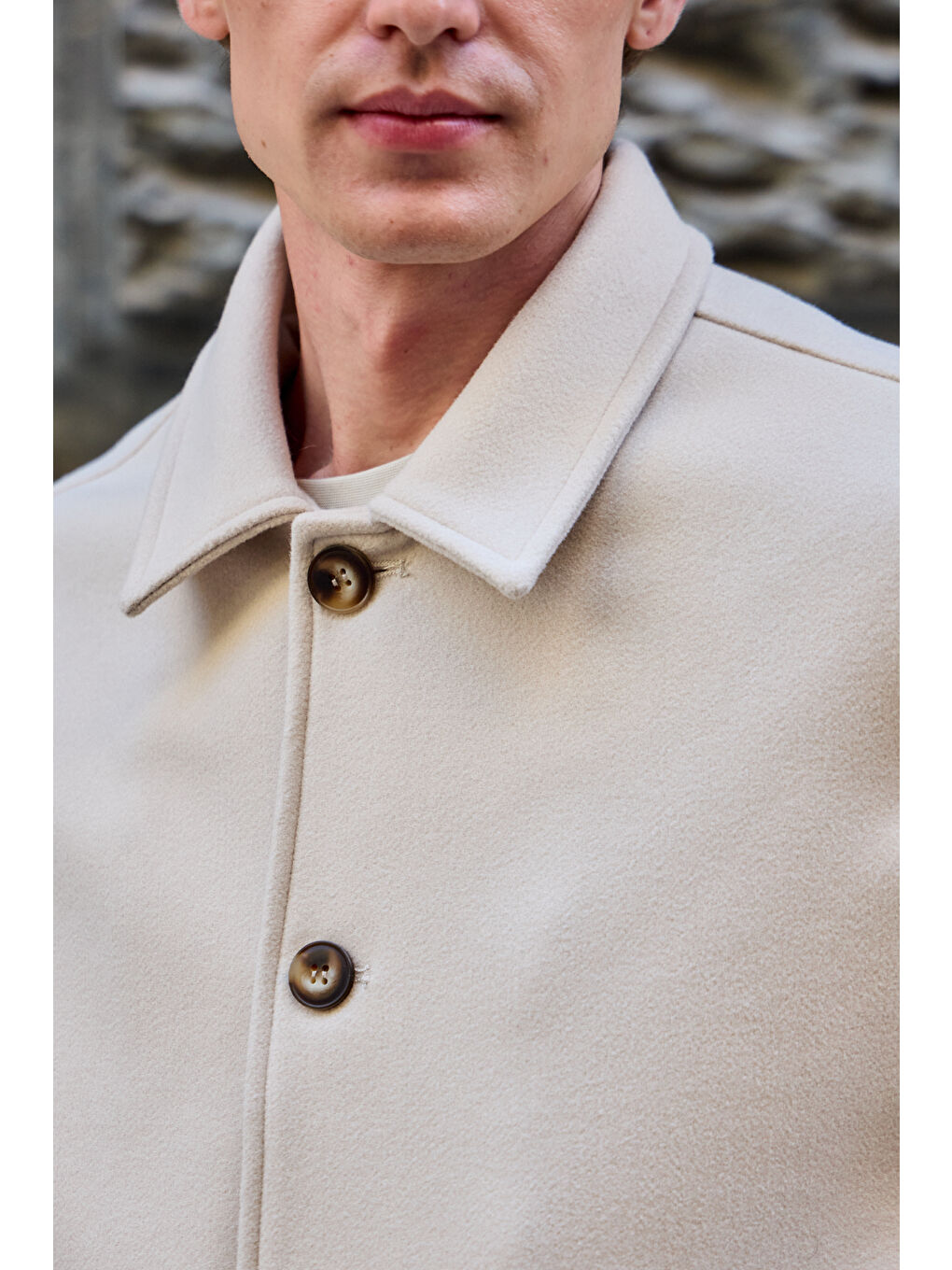 Erkek Gömlek Yaka Düğmeli Kaşe Mont Ceket Ekru-5