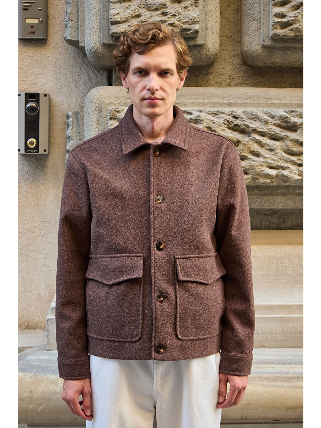 Erkek Gömlek Yaka Düğmeli Kaşe Mont Ceket Kahverengi-5