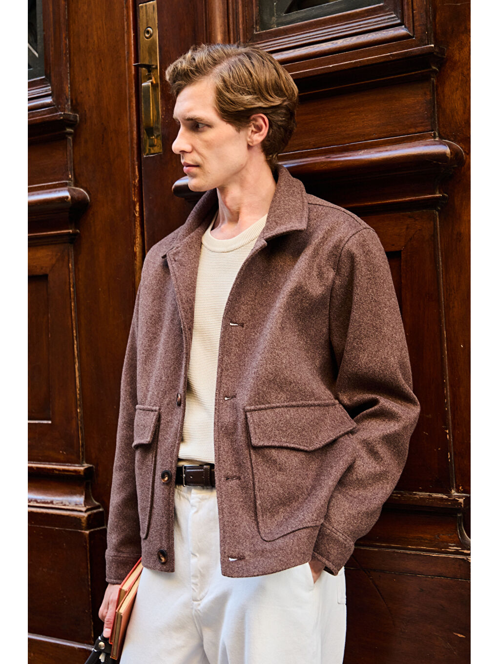 Erkek Gömlek Yaka Düğmeli Kaşe Mont Ceket Kahverengi-6