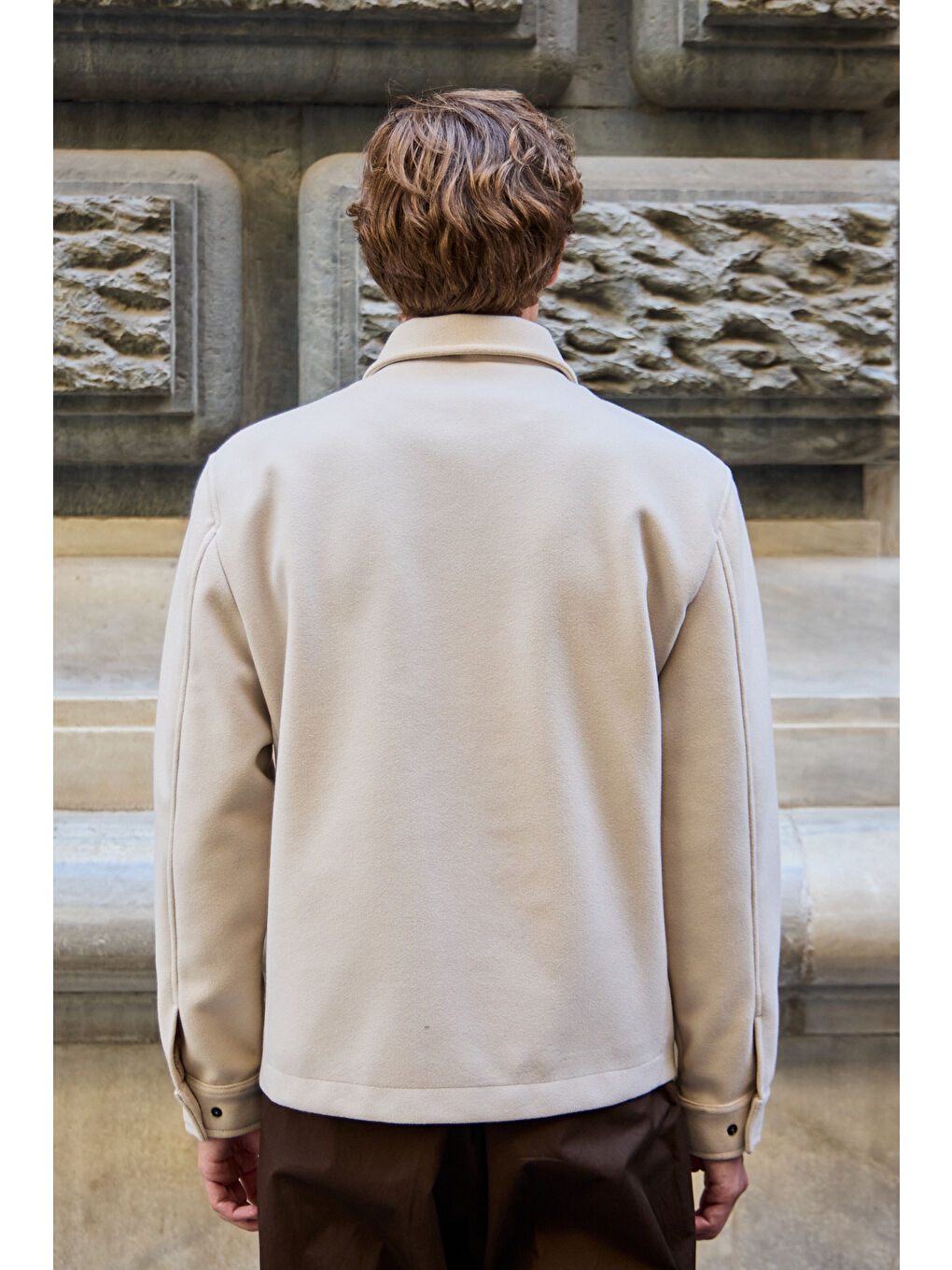 Erkek Gömlek Yaka Düğmeli Kaşe Mont Ceket Ekru-7