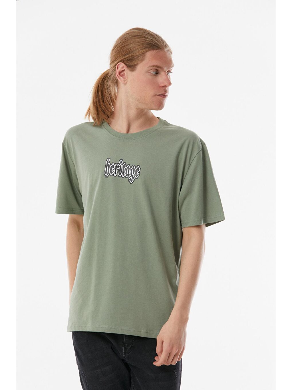 Turkuaz Baskılı Bisiklet Yaka Oversize Tişört