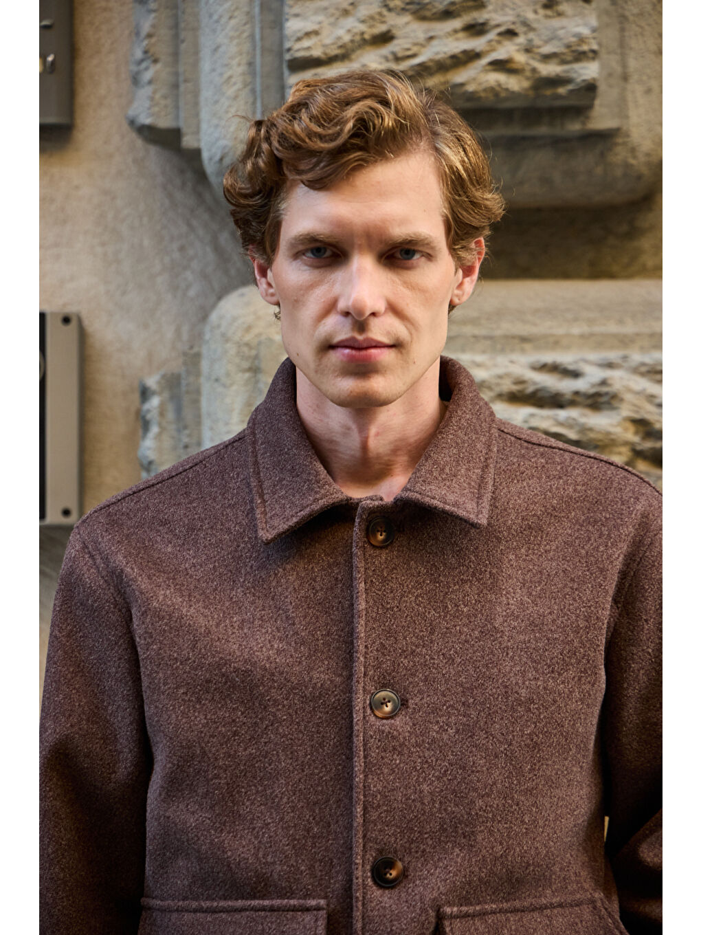 Erkek Gömlek Yaka Düğmeli Kaşe Mont Ceket Kahverengi-7