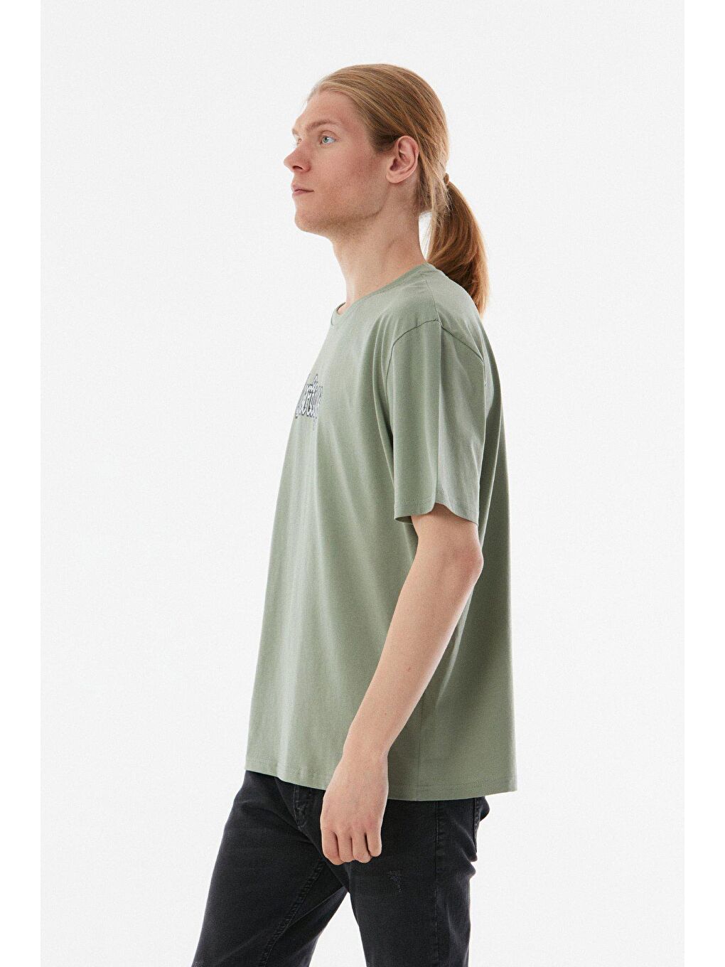 Turkuaz Baskılı Bisiklet Yaka Oversize Tişört-2