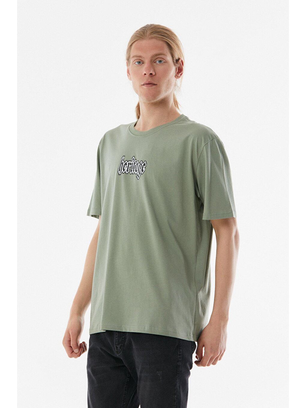 Turkuaz Baskılı Bisiklet Yaka Oversize Tişört-3