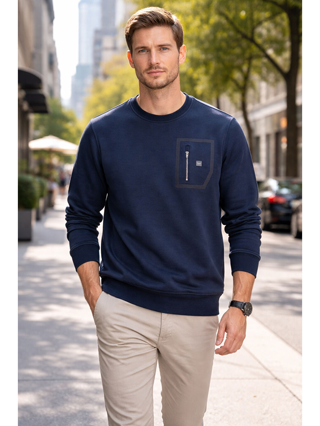 Erkek Fermuar Detay Bisiklet Yaka Pamuklu Sweatshirt 24722 Koyu Lacivert-2