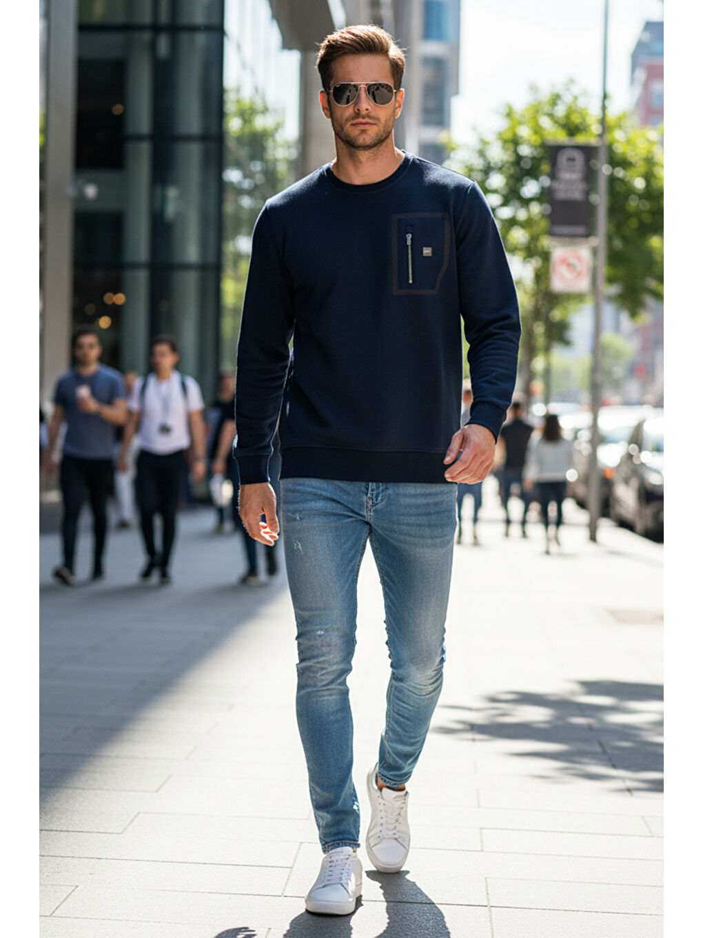 Erkek Fermuar Detay Bisiklet Yaka Pamuklu Sweatshirt 24722 Koyu Lacivert-3