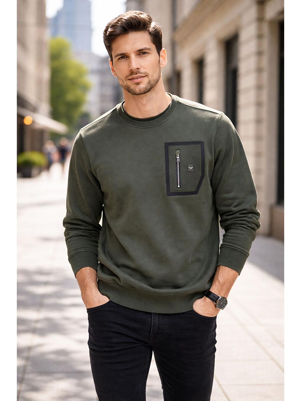 Erkek Fermuar Detay Bisiklet Yaka Pamuklu Sweatshirt 24722 Haki