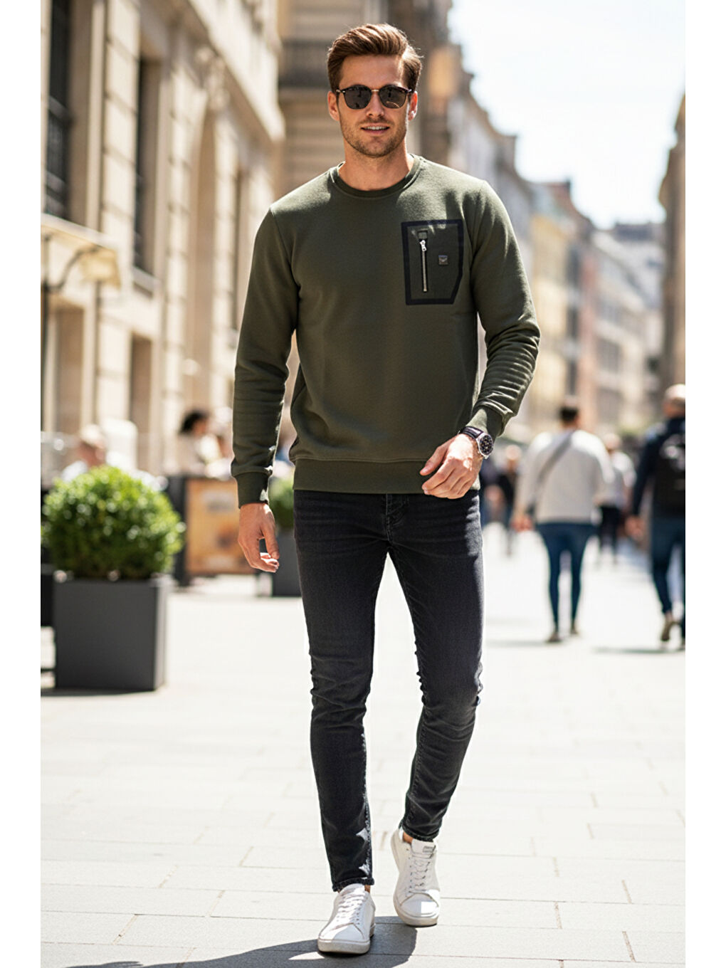 Erkek Fermuar Detay Bisiklet Yaka Pamuklu Sweatshirt 24722 Haki-1