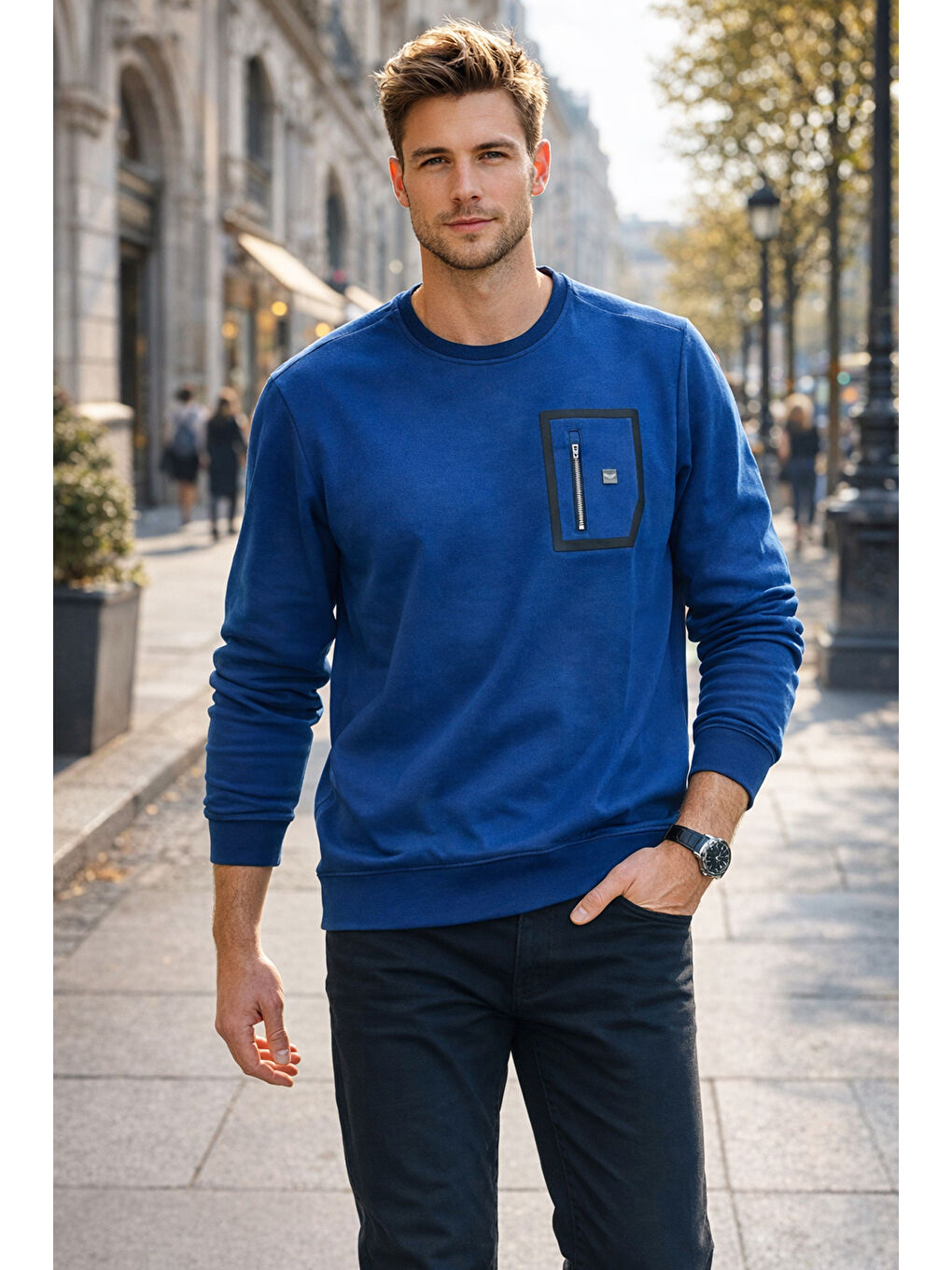 Erkek Fermuar Detay Bisiklet Yaka Pamuklu Sweatshirt 24722 İndigo-2