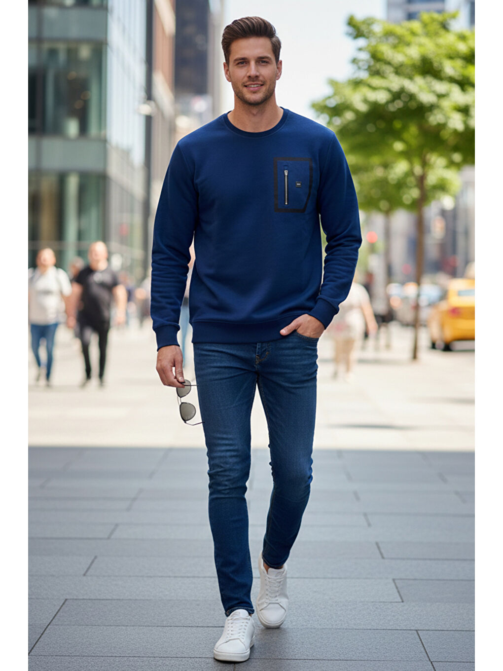 Erkek Fermuar Detay Bisiklet Yaka Pamuklu Sweatshirt 24722 İndigo-3