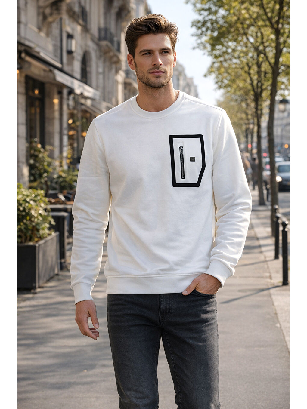 Erkek Fermuar Detay Bisiklet Yaka Pamuklu Sweatshirt 24722 Ekru-1