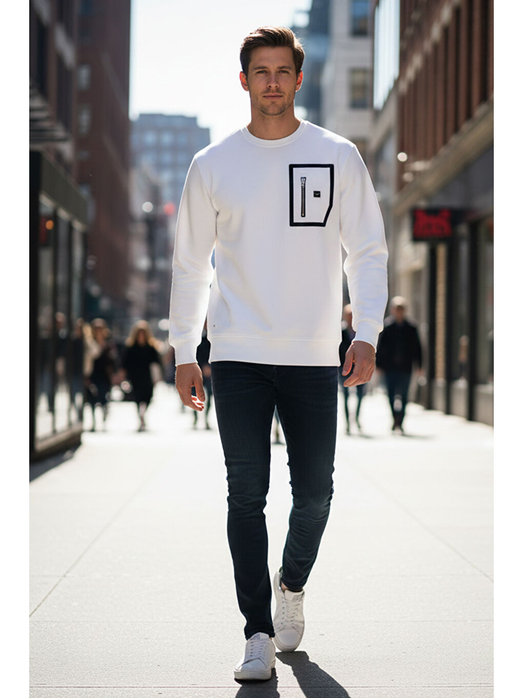 Erkek Fermuar Detay Bisiklet Yaka Pamuklu Sweatshirt 24722 Ekru-2