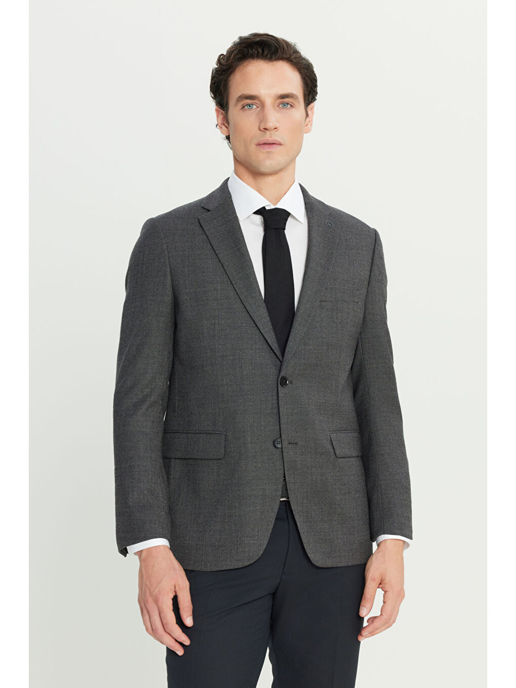 Erkek Antrasit Comfort Fit Rahat Kesim Mono Yaka Desenli Yünlü Ceket-2