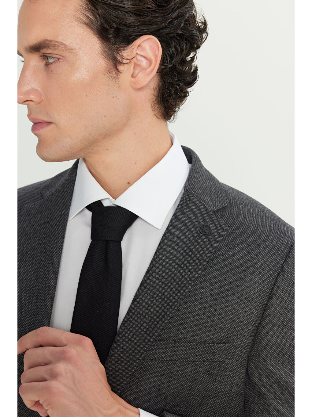 Erkek Antrasit Comfort Fit Rahat Kesim Mono Yaka Desenli Yünlü Ceket-3
