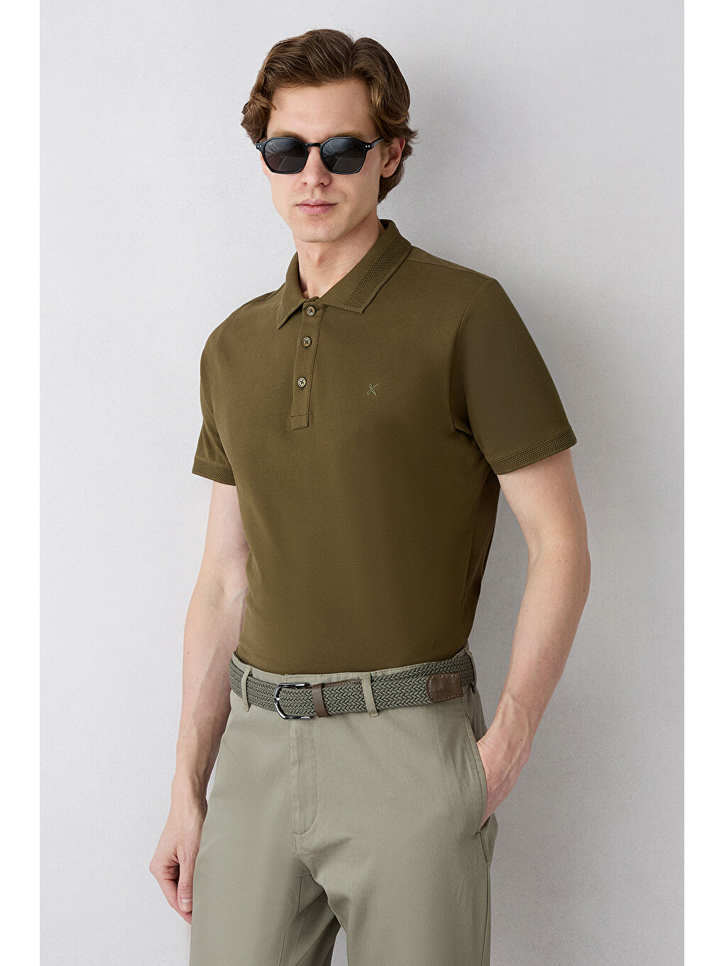 Haki Kıvrılmaz Polo Yaka Slim Fit Dar Kesim Ribana Detaylı Pamuk Tişört-1